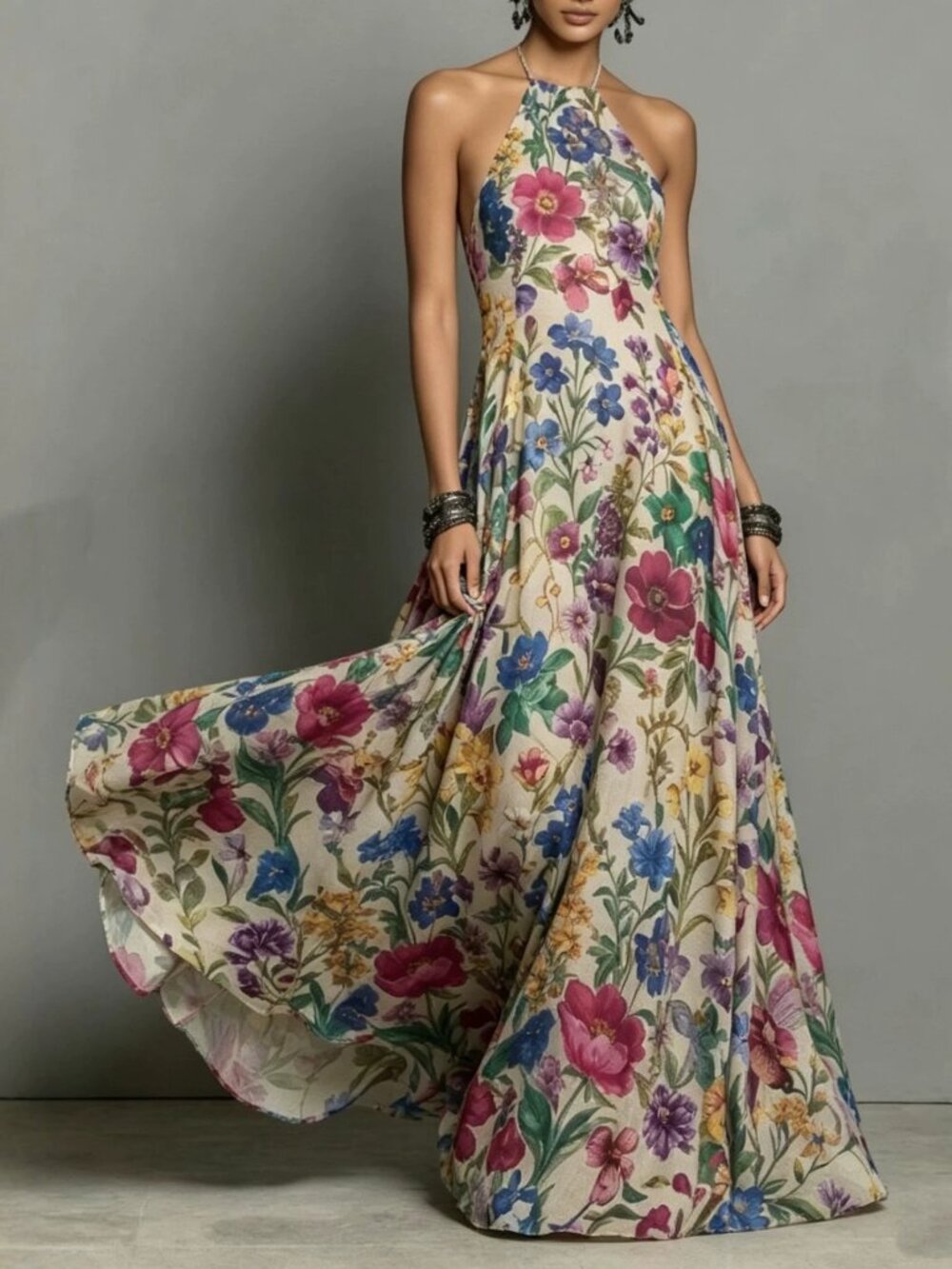Multicolor Floral Halter Maxi Dress | Sleeveless Vacation Dress